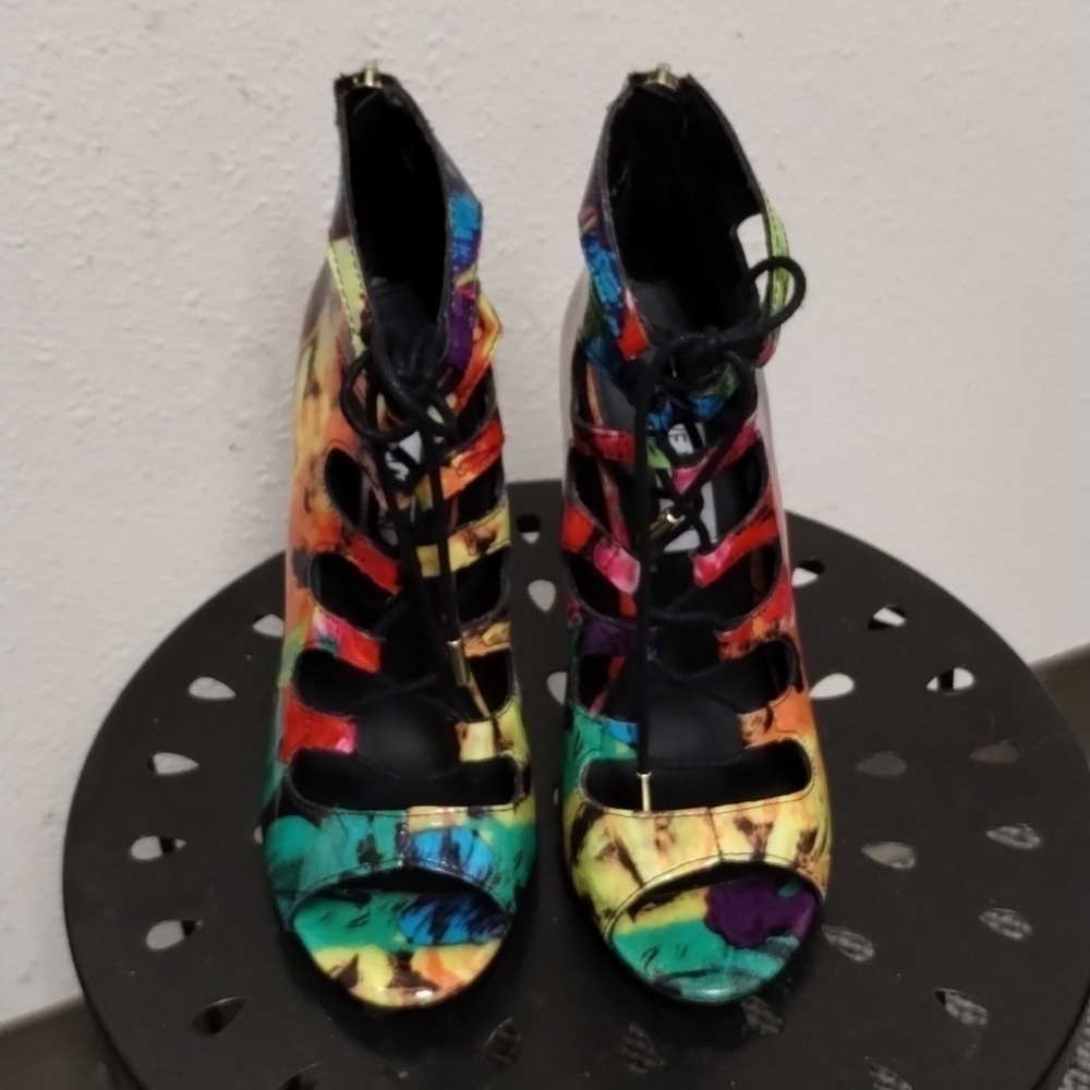 Steve Madden Cythiaa Multi-Color Open Toe Lace Up Heels Sz 5.5 M Beautful - Picture 4 of 16